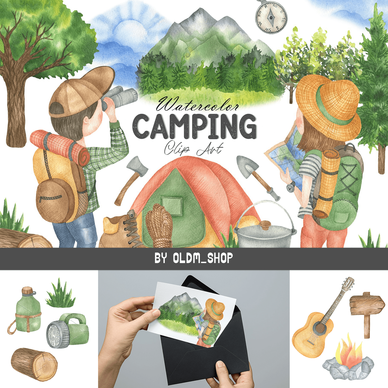 Watercolor Camping Clip Art.