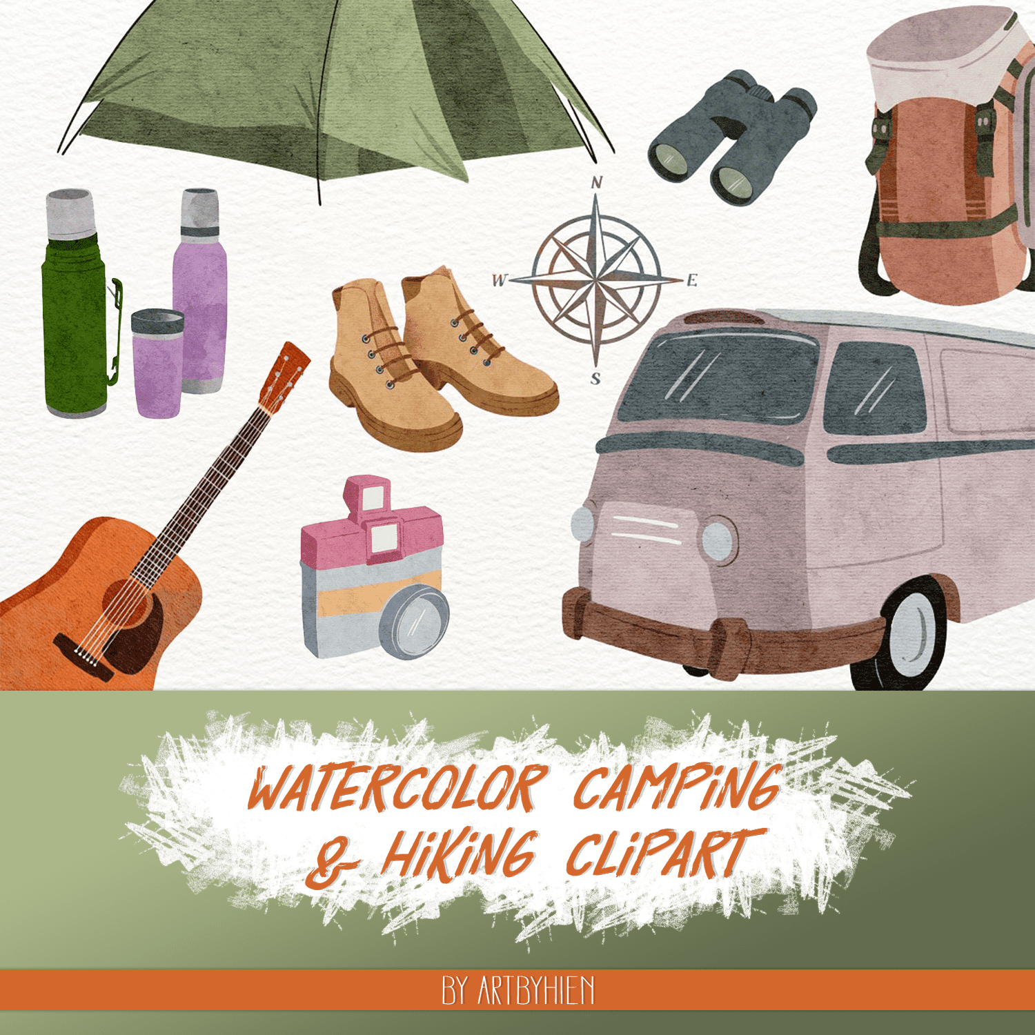 Watercolor camping hiking clipart - main image preview.
