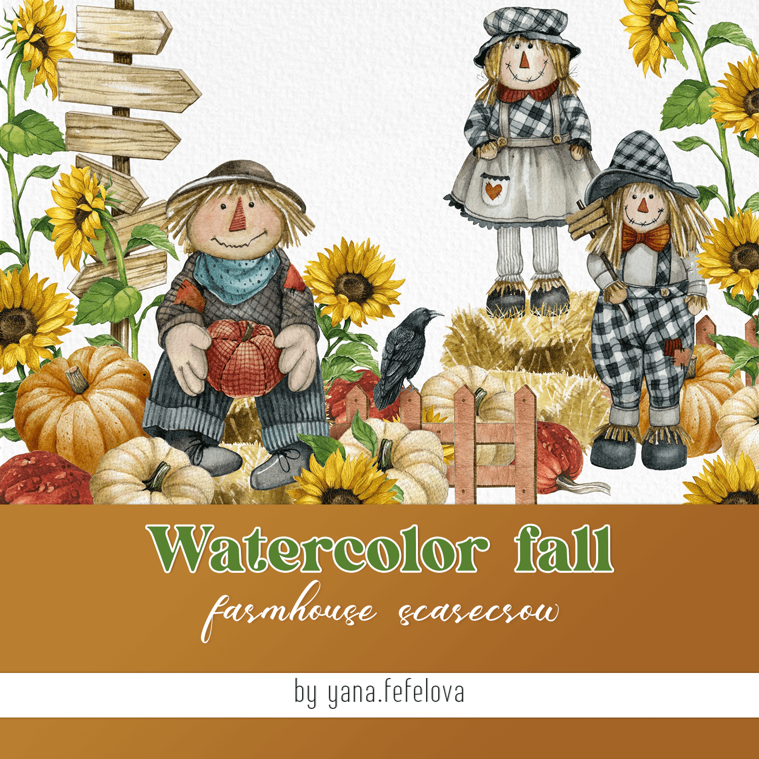 Watercolor fall farmhouse scarecrow cover.