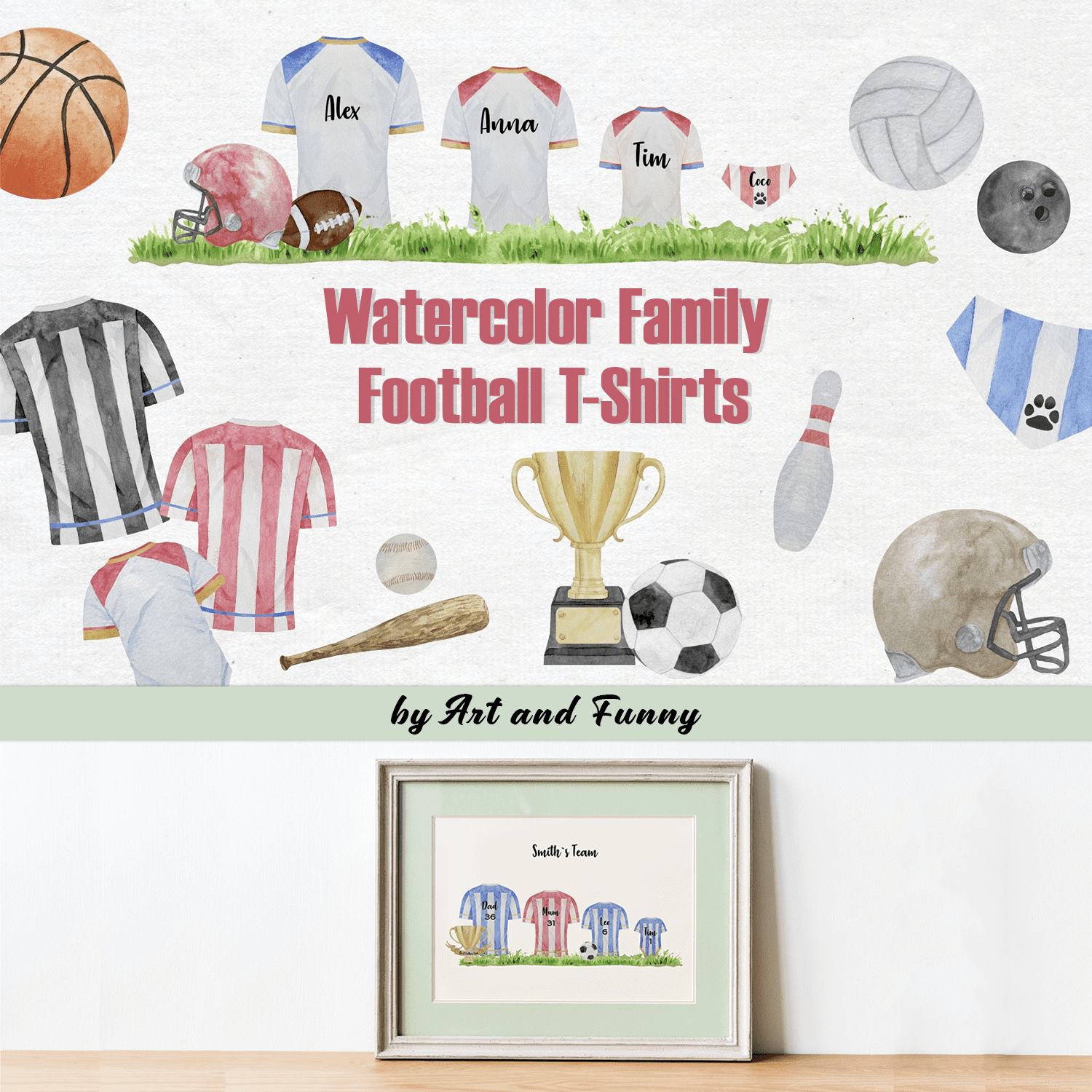 Watercolor Family Football T-Shirts.