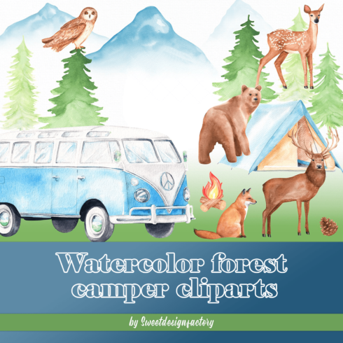 Watercolor forest camper cliparts.