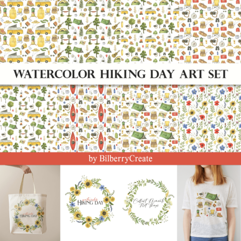 Watercolor hiking day art set - main image preview.