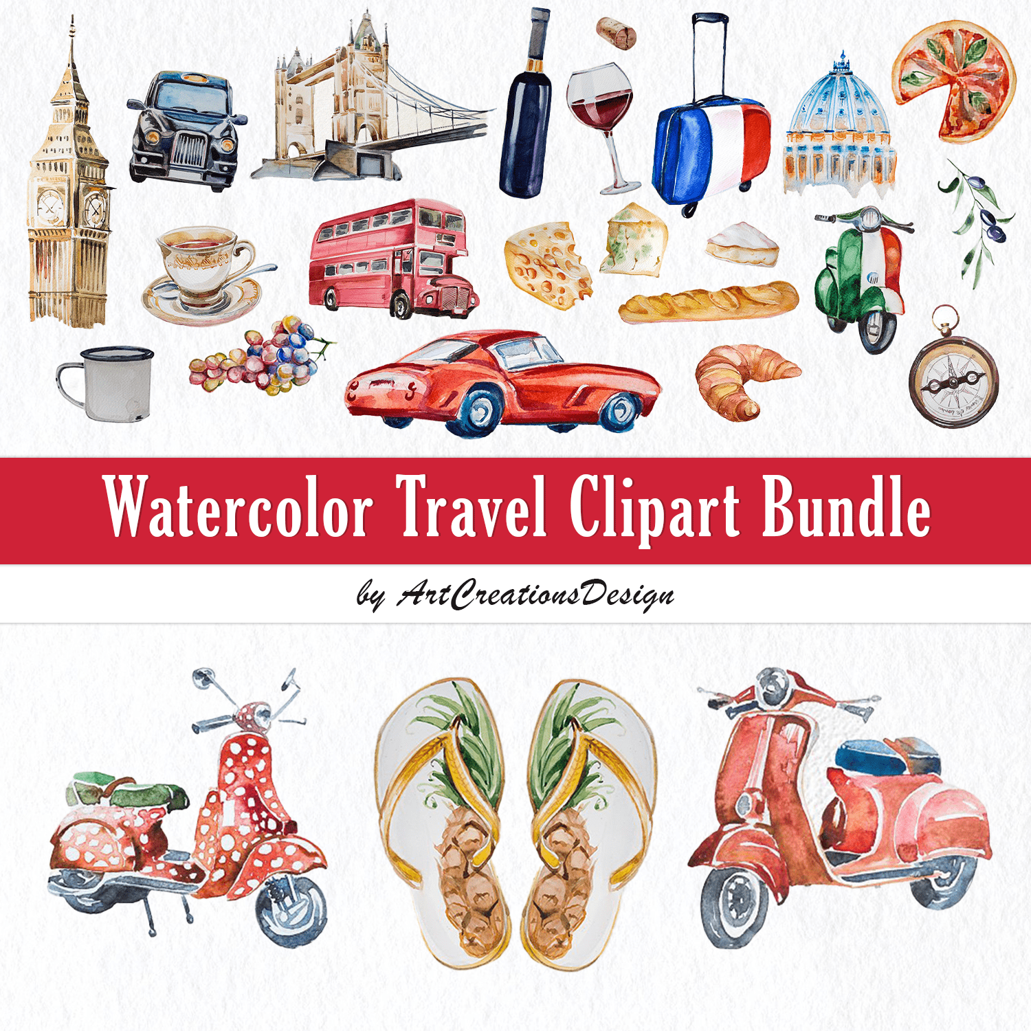 Watercolor Travel Clipart Bundle.