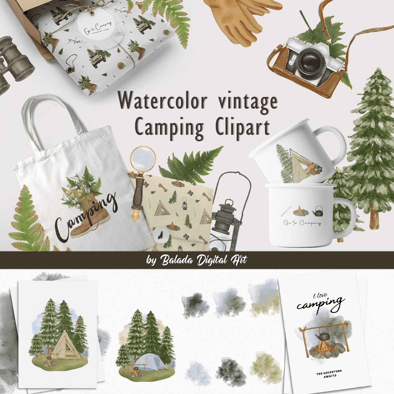 Watercolor vintage Camping Clipart cover.