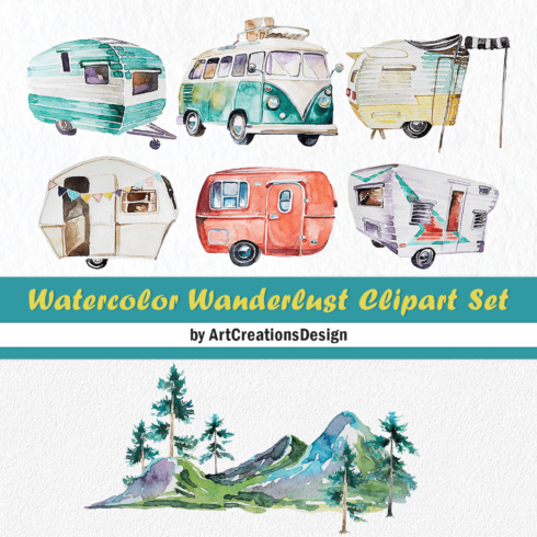 Watercolor wanderlust clipart set - main image preview.