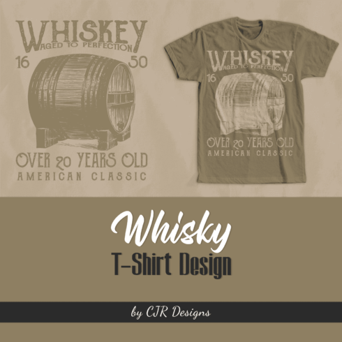 Beige T-shirt with a colorful print with a whiskey barrel and a slogan.