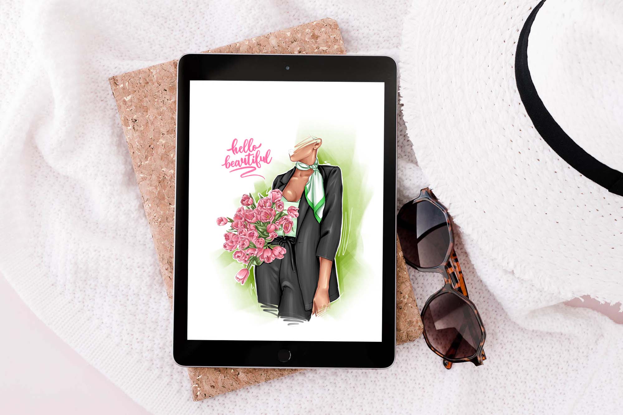 Fashionable Girl with Tulips Clipart tablet mockup.