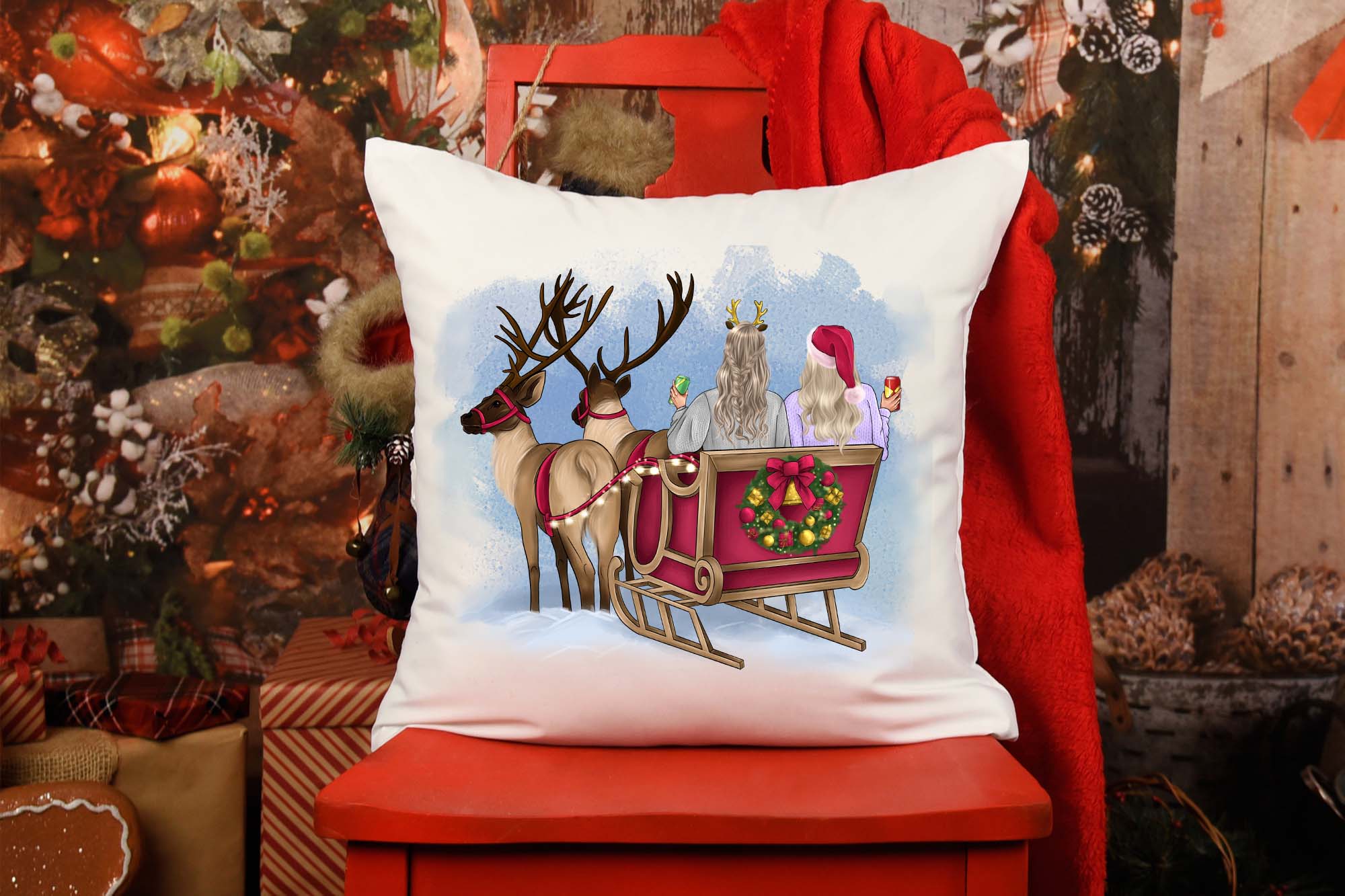 Friends in a Sleigh with Reindeer pillow mockup.