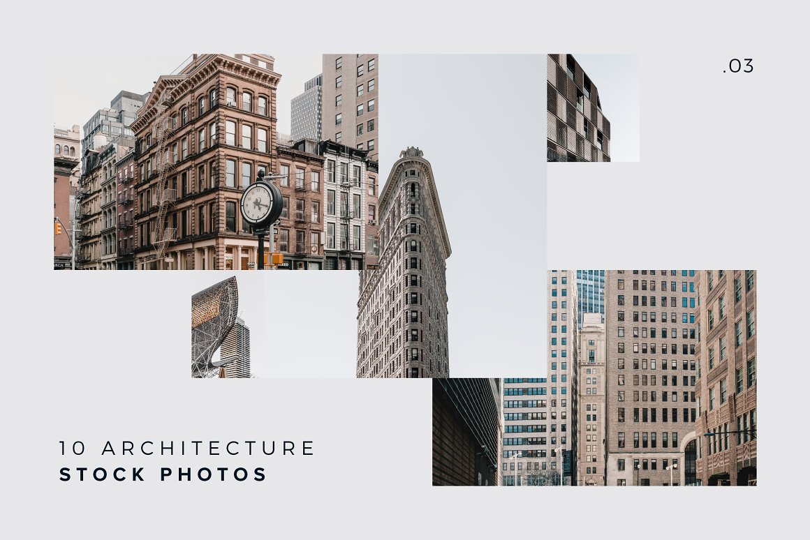 The lettering "10 Architecture Stock Photos" and 5 different architecture photos on a grey background.