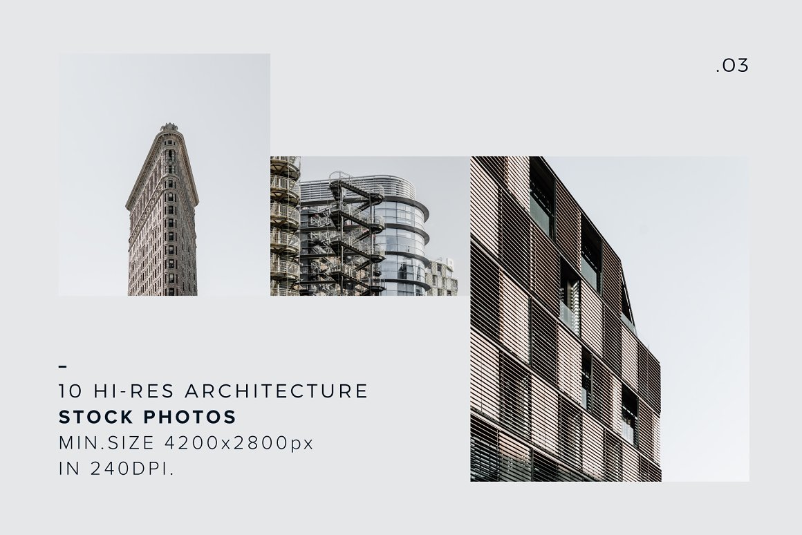 The lettering "10 Hi-Res Architecture Stock Photos min. size 4200x2800px in 240dpi." and 3 different architecture photos on a grey background.