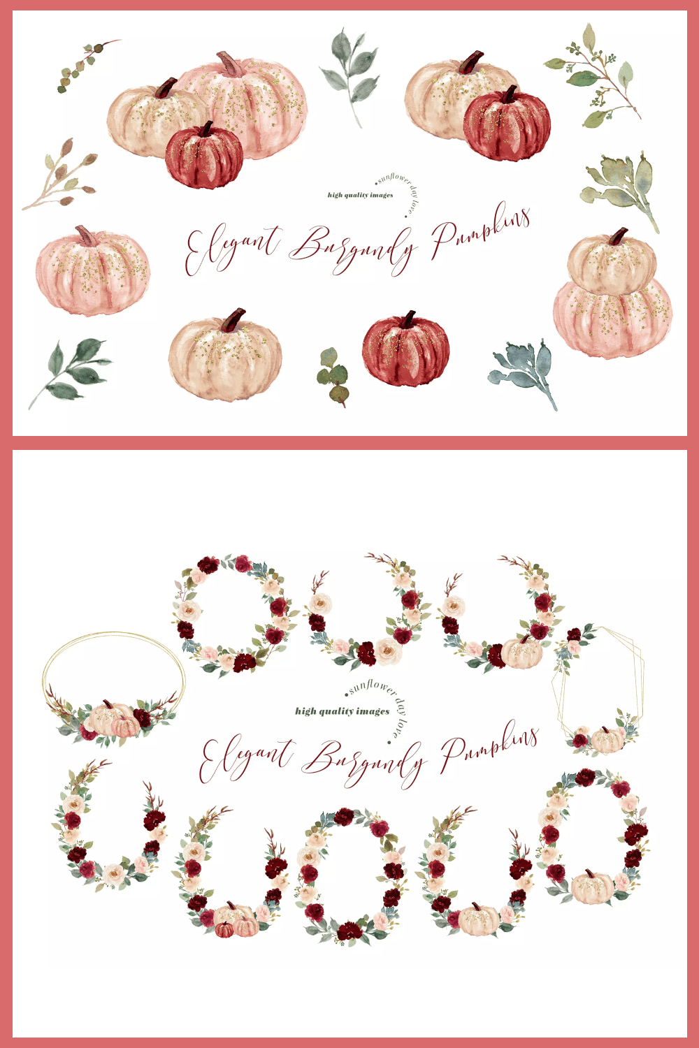 Collage with pumpkins in beige and red color with twigs and wreaths.