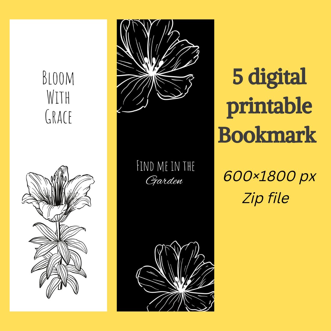 Black and White Digital Printable Bookmark preview image.