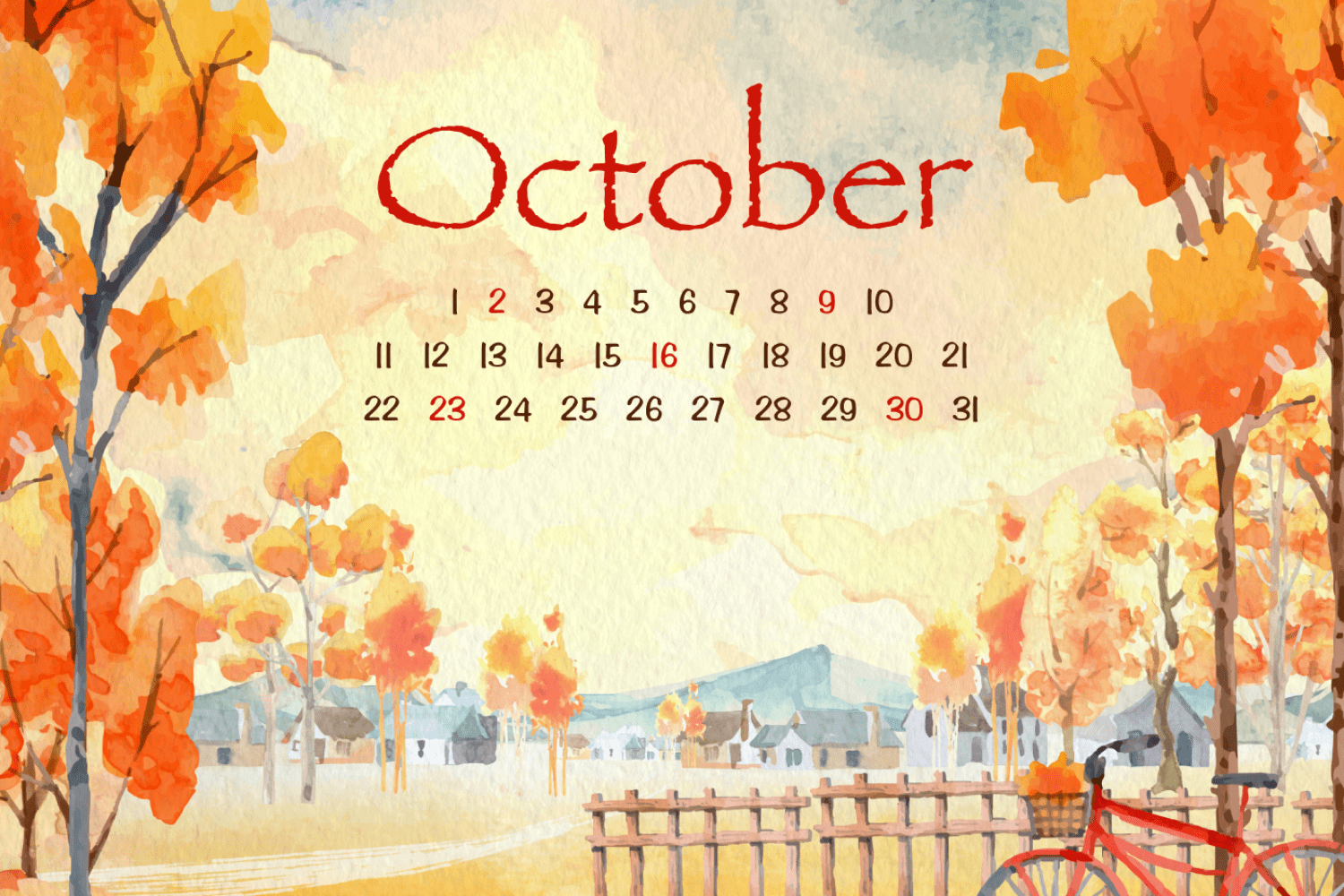 Calendar for October with a painted village in autumn colors.