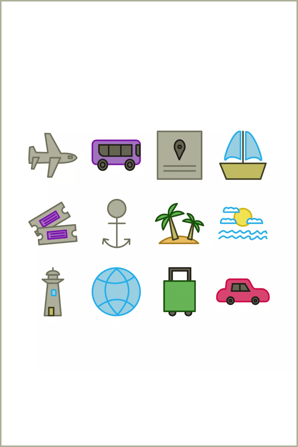A collage of icons of an airplane, a bus, a car, palm trees, yachts, a lighthouse.