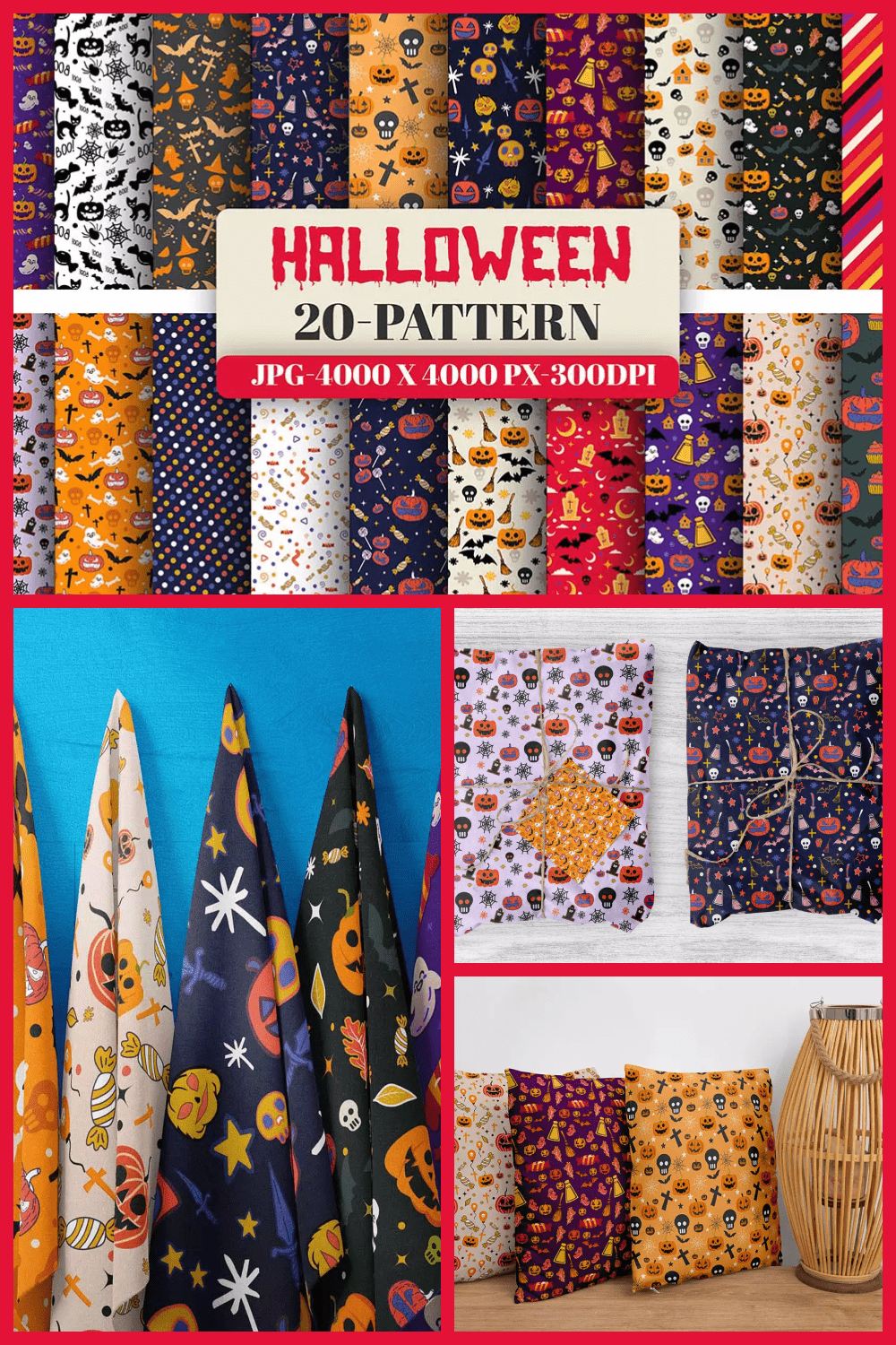 Collage of wrapping paper rolls, pillows and gifts with Halloween symbols.