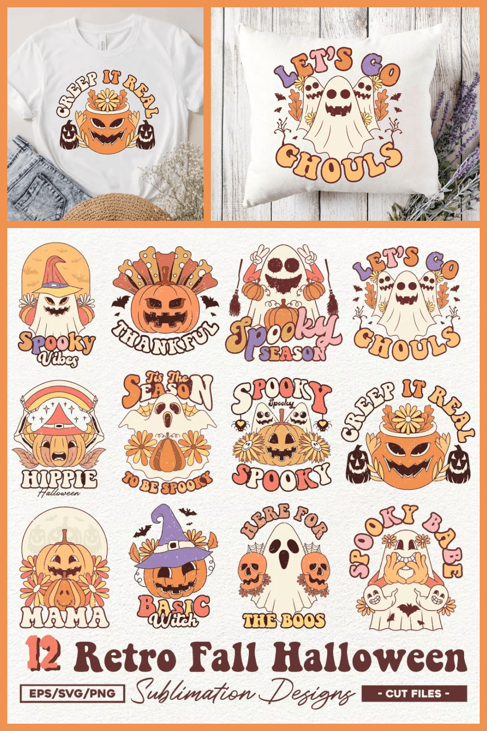 Collage of 12 images of Halloween pumpkins with different inscriptions.