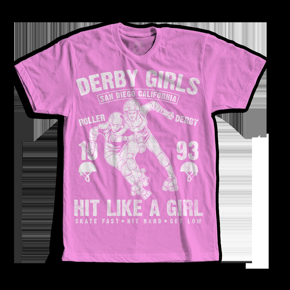 Pink t-shirt with the lettering "Derby girls hit like a girl".