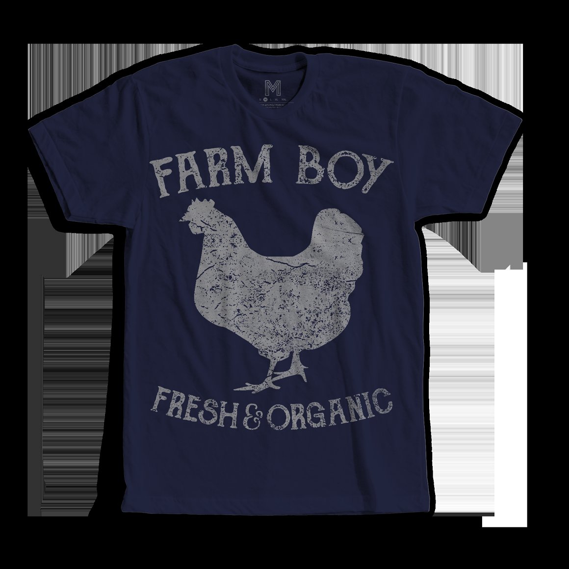 Dark blue t-shirt with the lettering "Farm boy fresh & organic" with image a chicken.