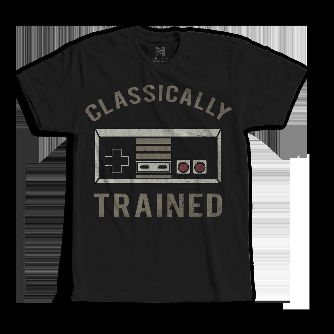 Black t-shirt with the lettering "Classically trained".