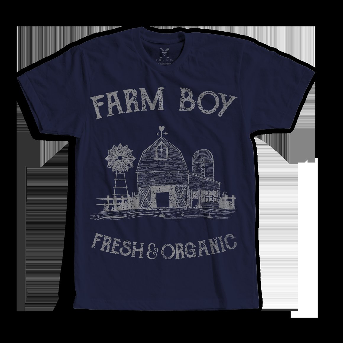 Dark blue t-shirt with the lettering "Farm boy fresh & organic".