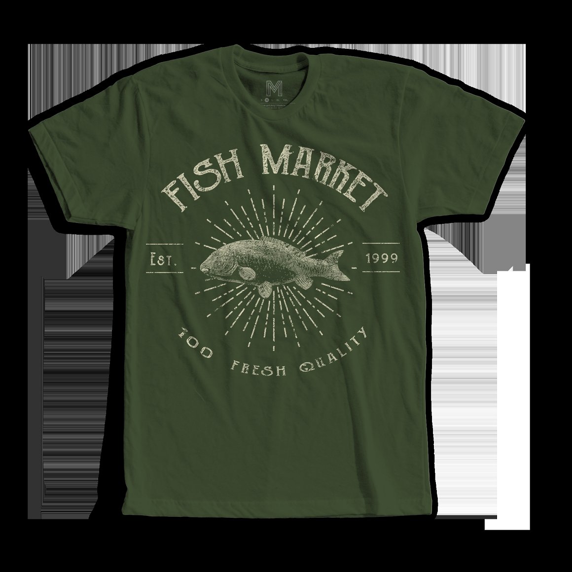 Dark green t-shirt with the lettering "Fish market".