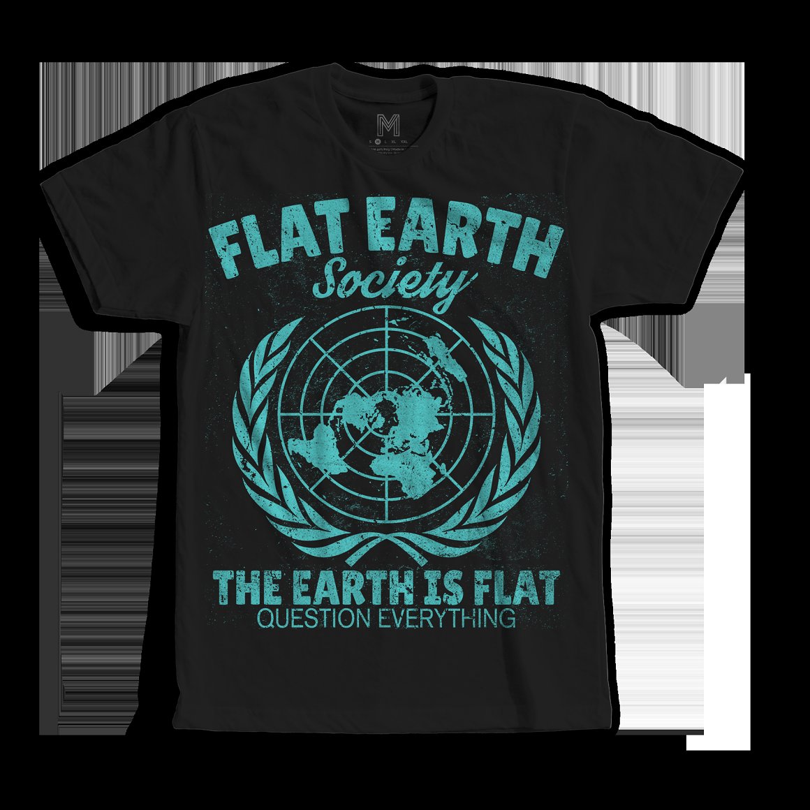 Black t-shirt with the blue lettering "Flat earth society the earth is flat question everything".