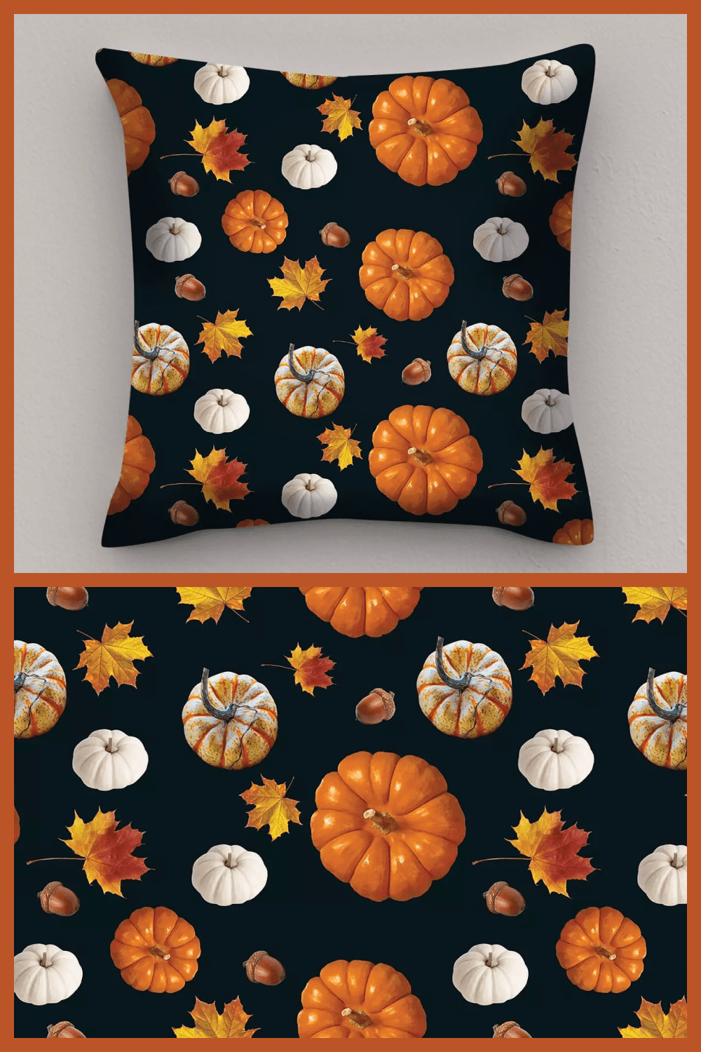 Black pillow with pumpkins and yellow leaves.