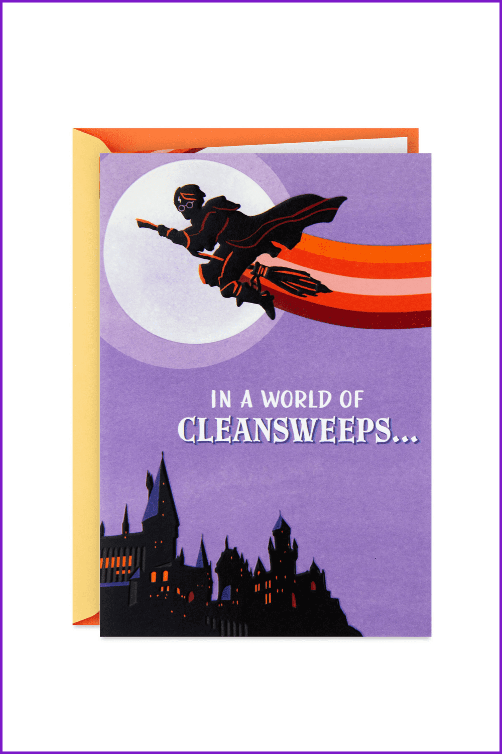 Drawn Harry Potter flies on a broom against the backdrop of Hogwarts.