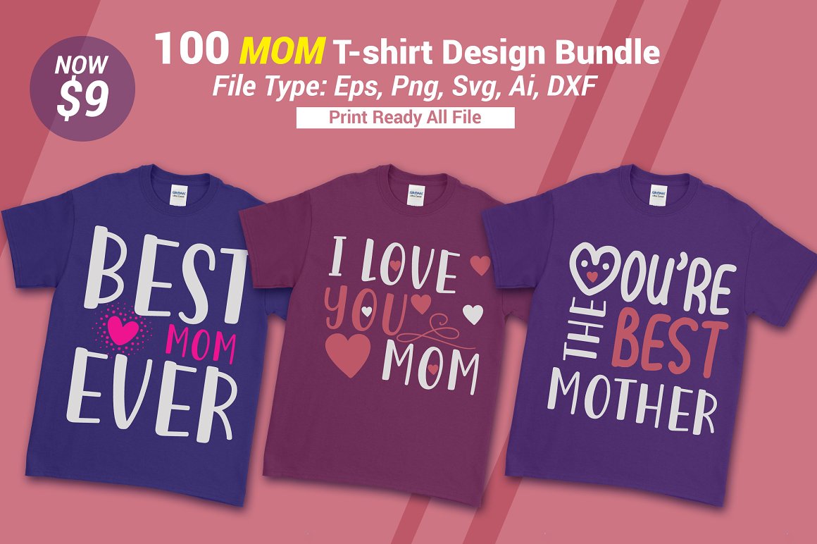 A set of bright t-shirts with a colorful print about mom.