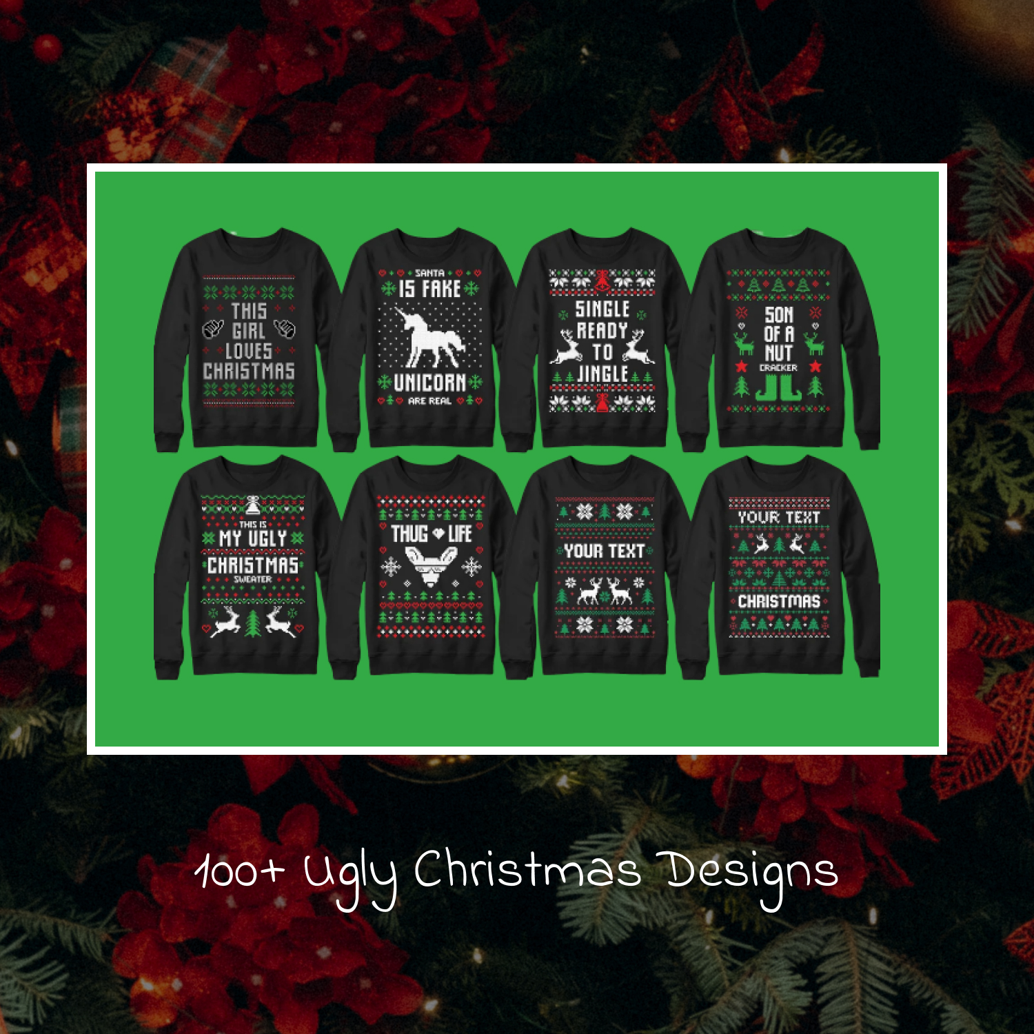 Sweatshirts with colorful Christmas prints.