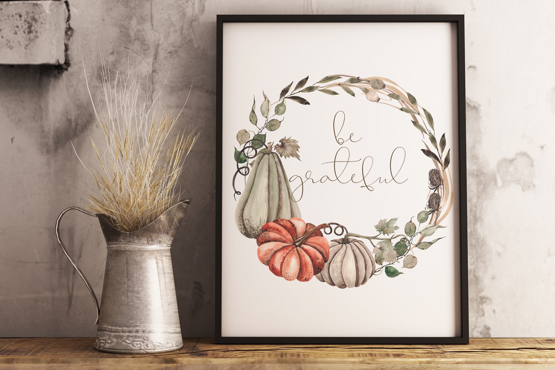 Deliate and stylish poster with an autumn wreath which will perfect for a farm house.