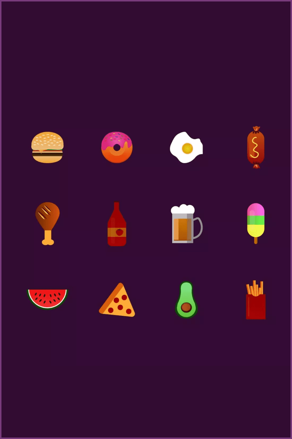 Collage of icons of hamburgers, pizza, watermelon, sausages, potatoes, beer.