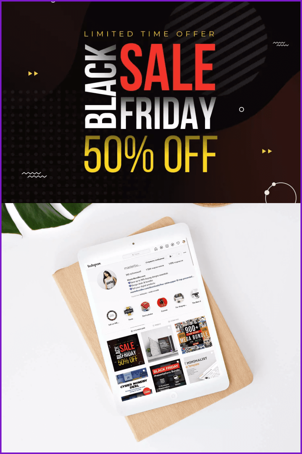 Collage with black poster for Black Friday and ipad on table.