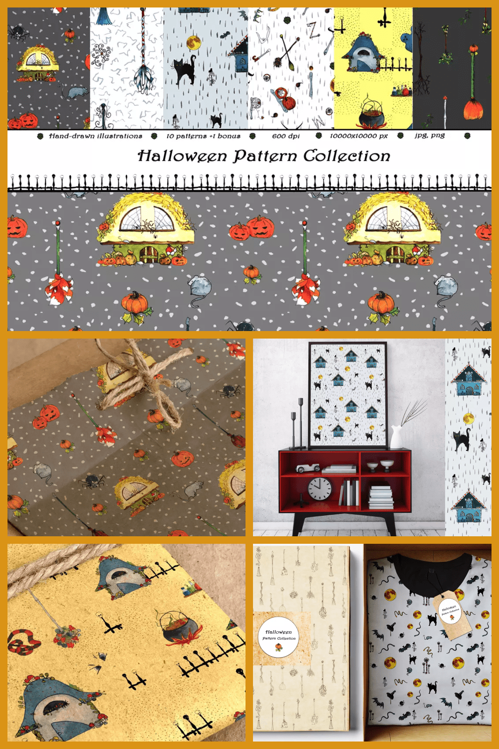 Collage of images with Halloween symbols on gifts, t-shirts and paintings.