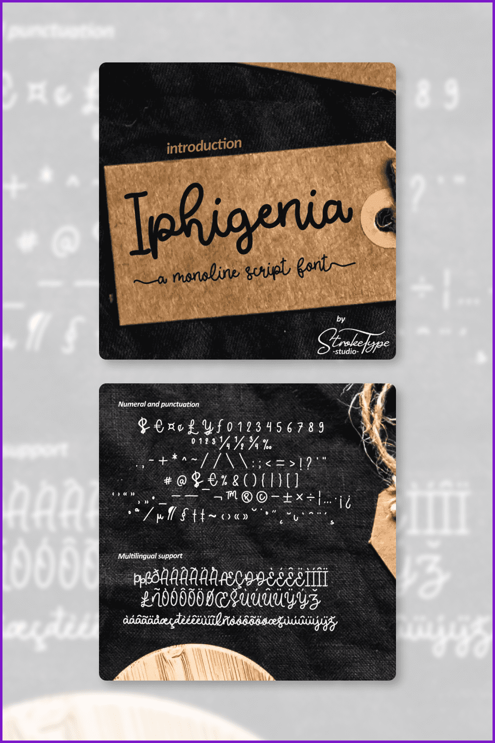 An example of a Iphigenia Monoline Script Font on a postcard with a black and brown background.