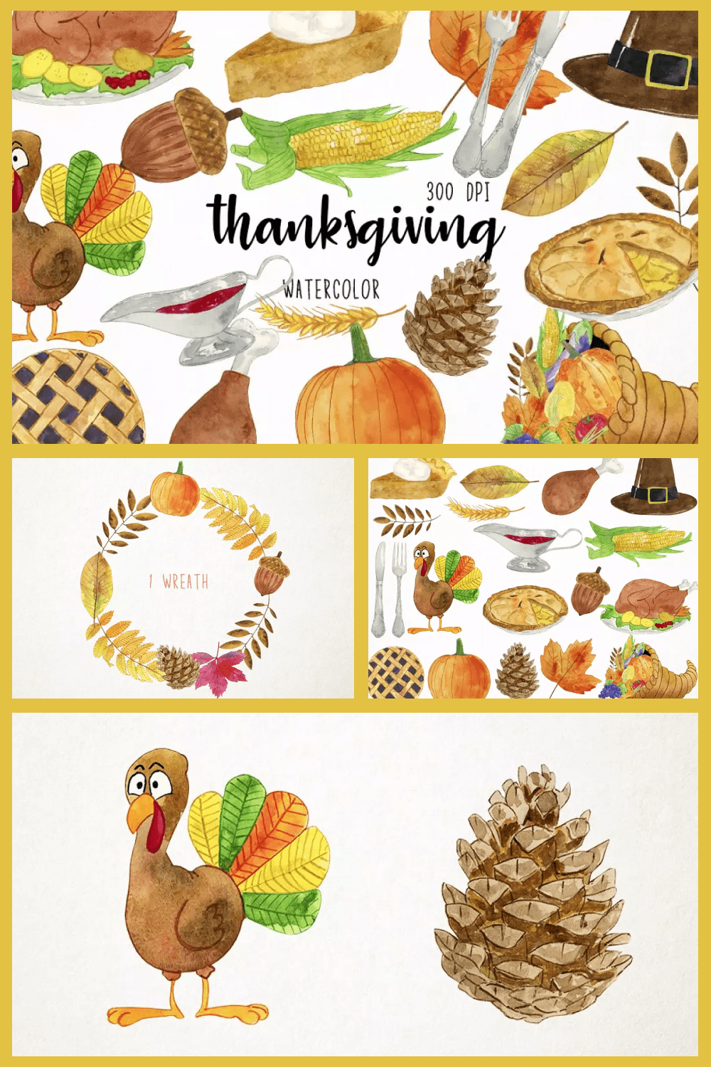 Collage with pumpkins, wreaths, turkey, cone, corn, pie.