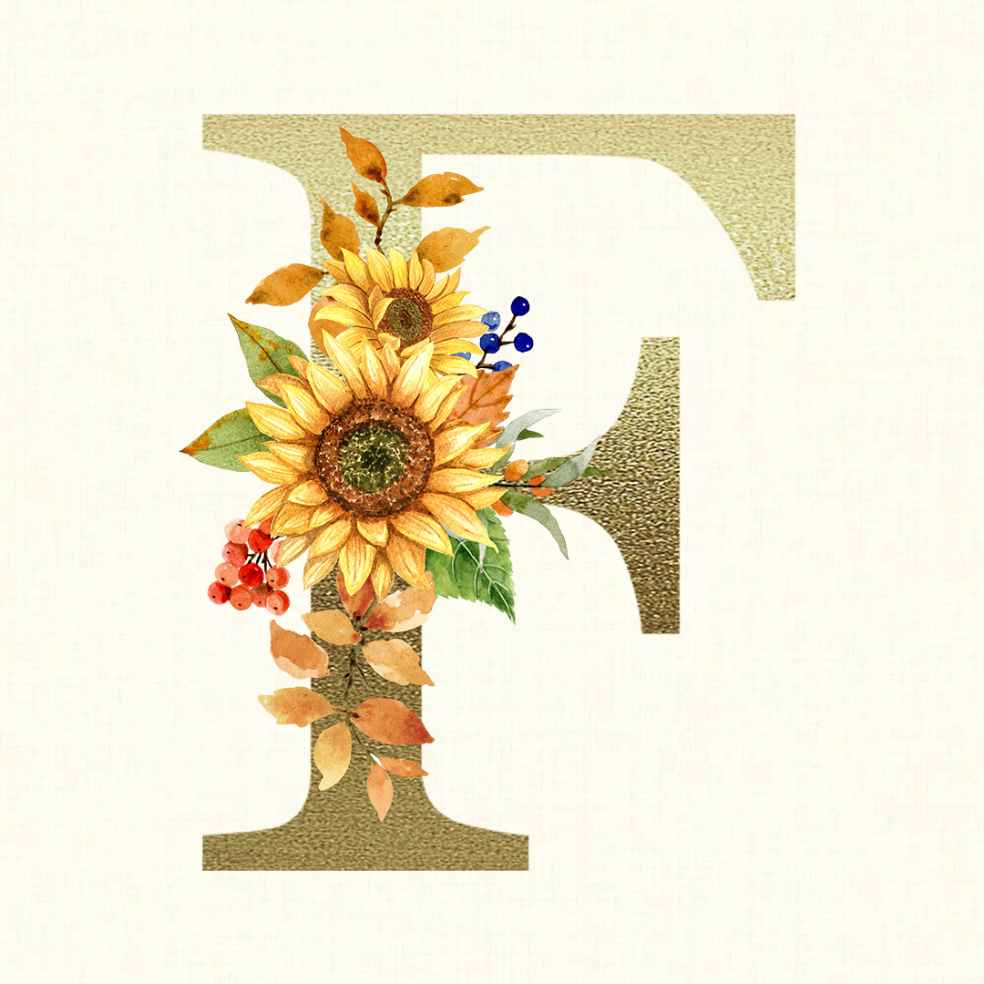 Floral Golden Alphabet and Numbers, golden F.