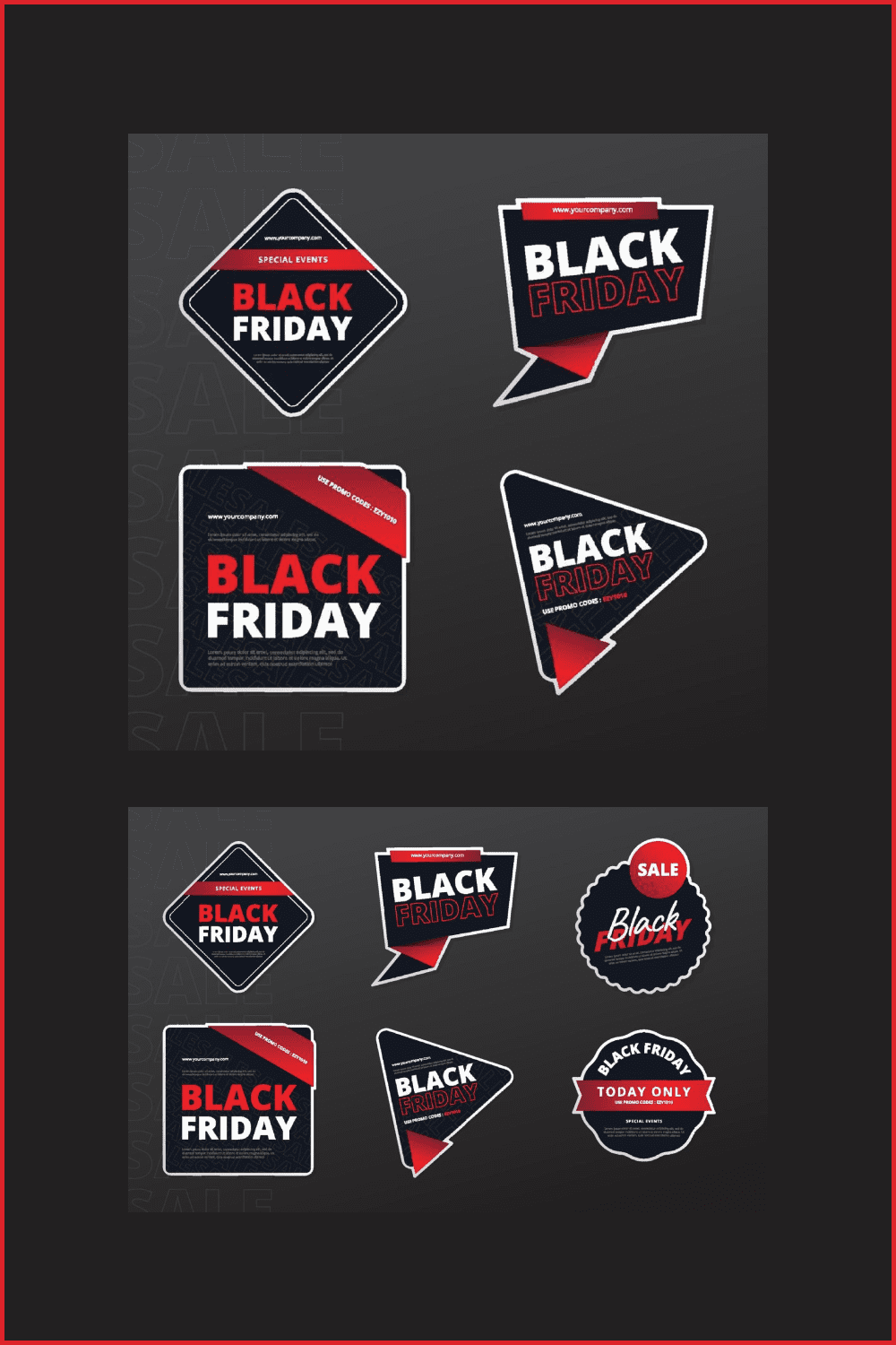 Collage of stickers for Black Friday.