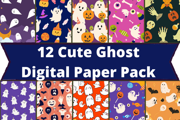 The white lettering "12 Cute Ghost Digital Paper Pack" on a blue background and 10 different images with ghost.