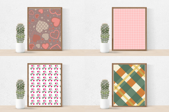 Cactus in a pot and 4 different pictures in brown frames with valentine hearts.