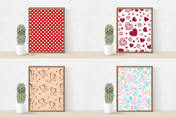 Cactus in a pot and 4 different pictures in brown frames - white hearts on a red background, red hearts on a white background, black hearts on a peach background and colorful abstract.