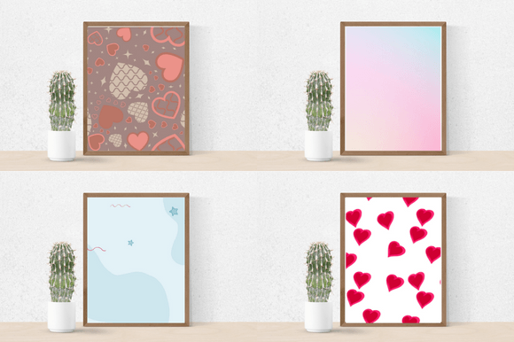 Cactus in a pot and 4 different pictures in brown frames - 2 pictures with hearts, gradient background and light blue background with blue stars.