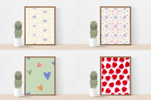 Cactus in a pot and 4 different pictures in brown frames - checked with light blue clouds, lavender and pink circles, colorful hearts on a green background and red hearts on a white background.