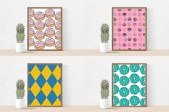 4 different donut images in brown frames and cactus in a pot.