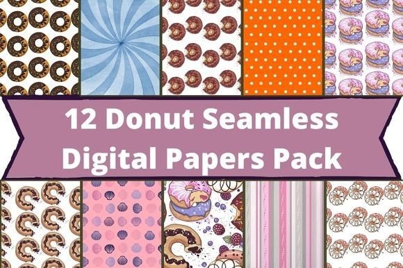 The white lettering "12 Donut Seamless Digital Papers Pack" on a purple background and 10 different donut images.