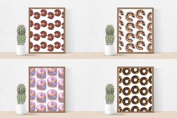 4 different donut images in brown frames and cactus in a pot.