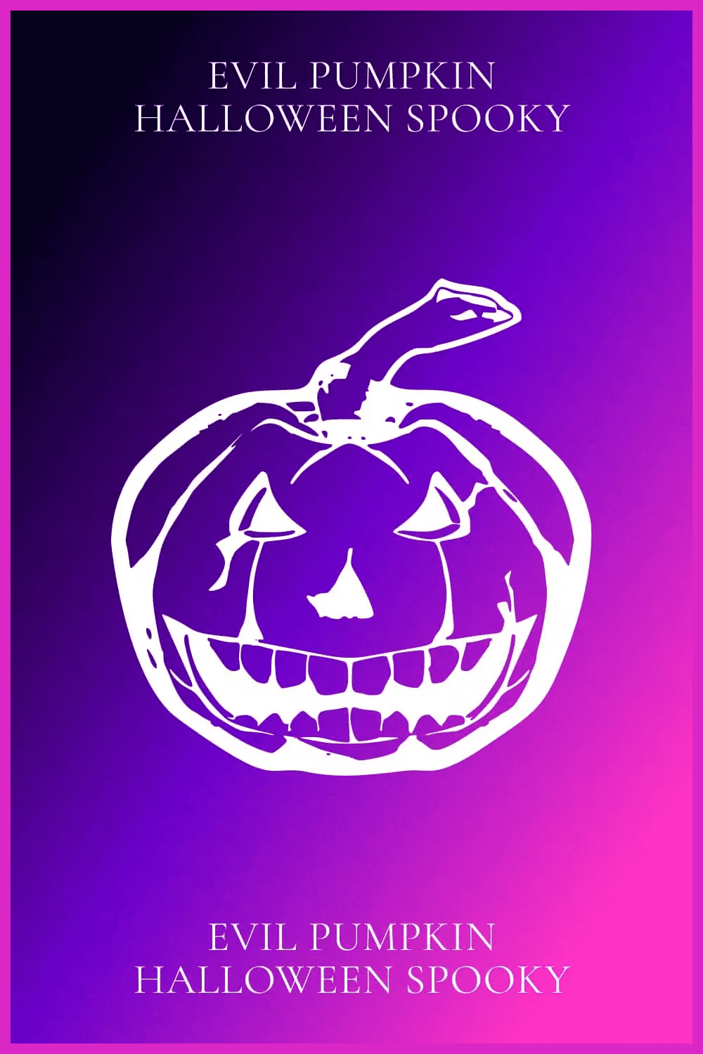 White pumpkin with an evil smile on a purple-pink background.