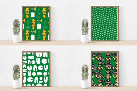 Four green posters with abstract football symbols - balls, t-shirts and others.