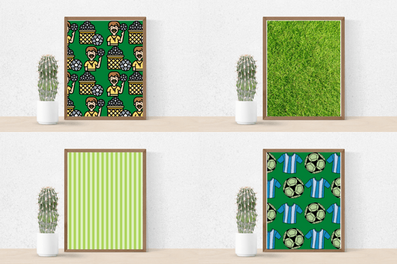 Four posters with football elements in an abstract style.