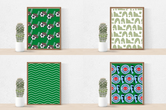 Four green football posters with different elements for a real sport lover.